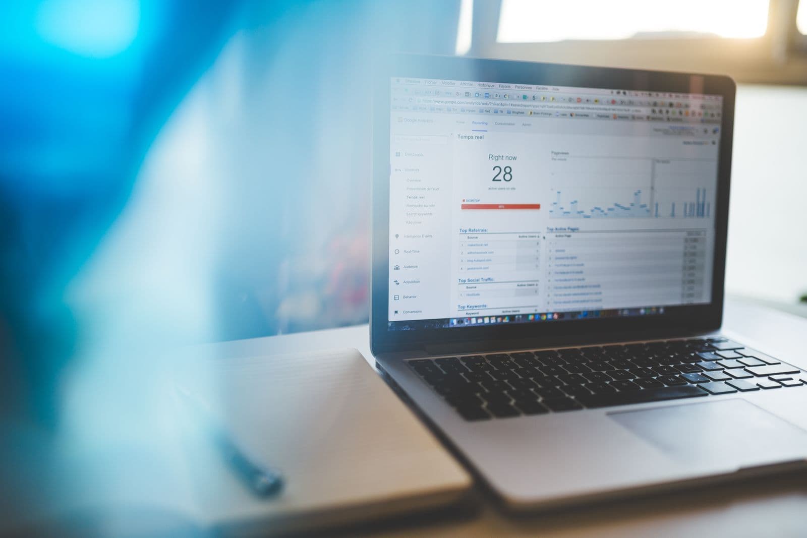 A laptop displaying a web analytics dashboard on a desk